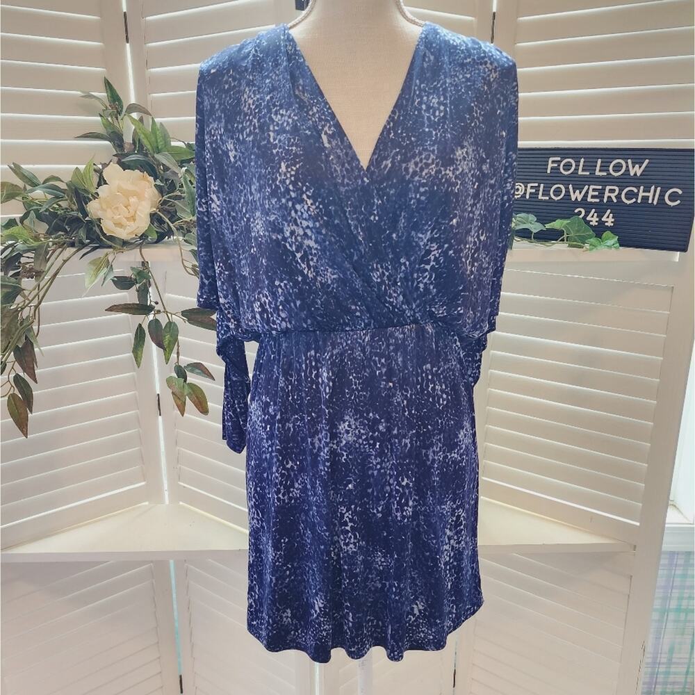 PARKER XS BLUE SPLATTER DRESS WITH DOLMAN SLEEVE & STRETCHY WAIST